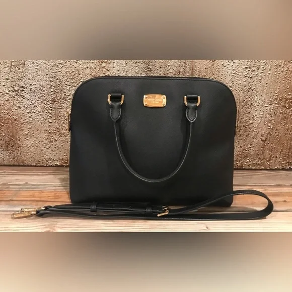 MICHAEL KORS Cindy Large Leather Dome Satchel Black Handbag/Crossbody W/Gold - Picture 1 of 17